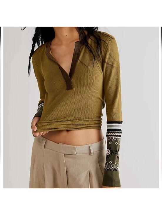 Free People Tops - NWT Free People Mikah Layering Cuff thermal top Size L in army combo #9
